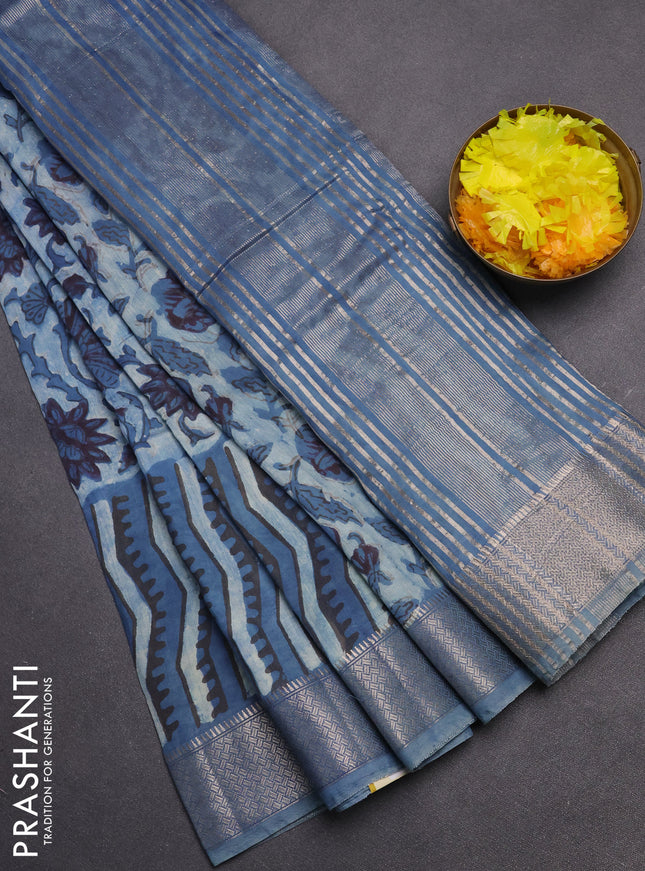 Semi chanderi saree pastel blue and indigo blue with allover vanaspathi prints and zari woven border