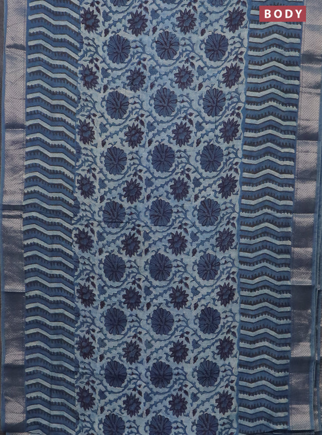 Semi chanderi saree pastel blue and indigo blue with allover vanaspathi prints and zari woven border