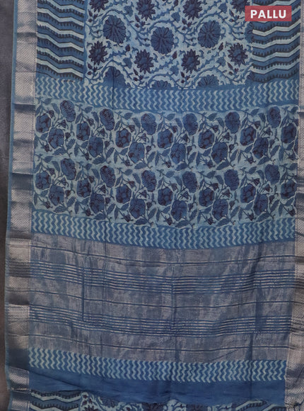 Semi chanderi saree pastel blue and indigo blue with allover vanaspathi prints and zari woven border