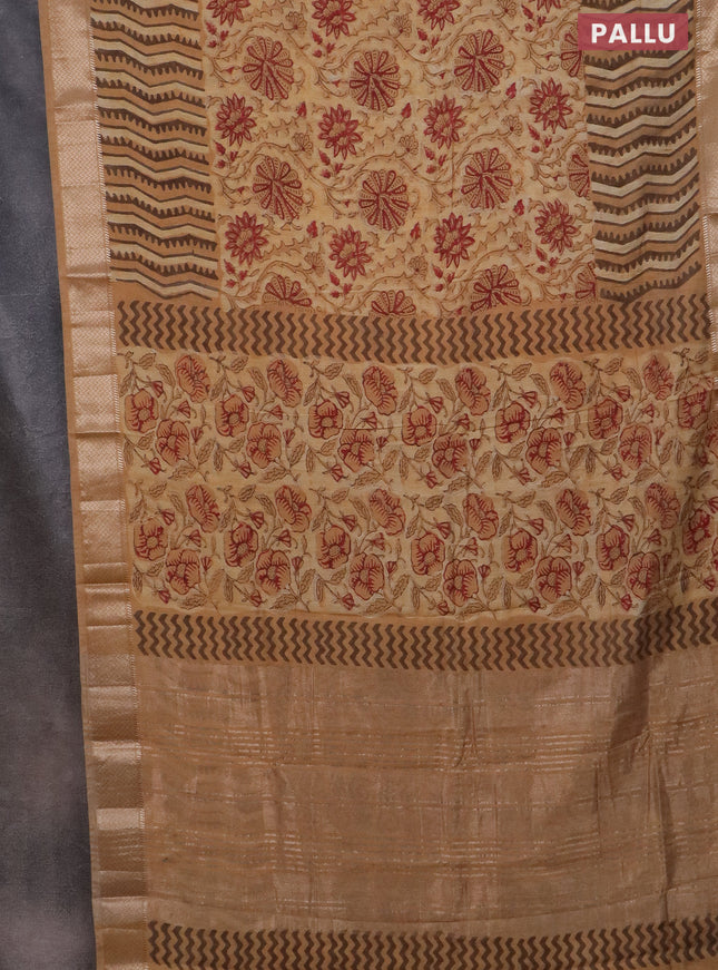 Semi chanderi saree sandal and pale orange with allover vanaspathi prints and zari woven border