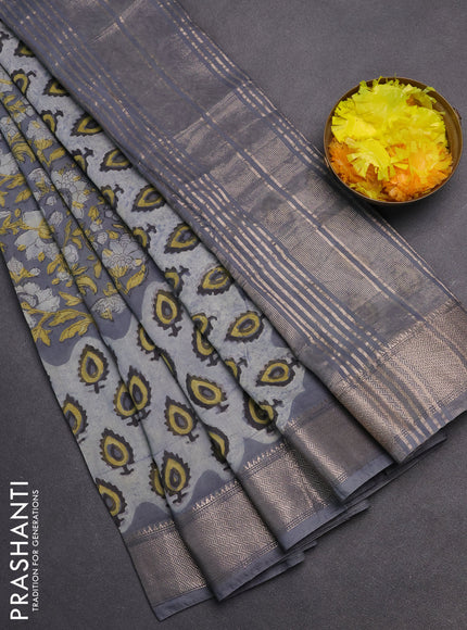 Semi chanderi saree grey with allover vanaspati prints and zari woven border