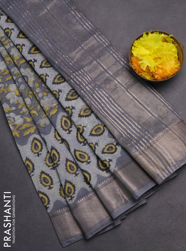Semi chanderi saree grey with allover vanaspati prints and zari woven border