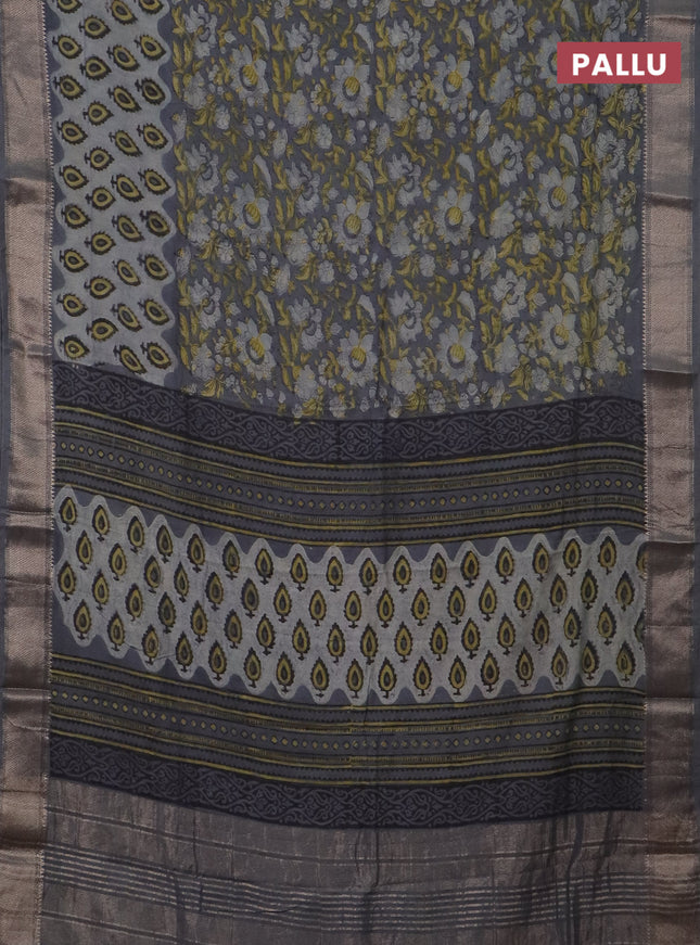 Semi chanderi saree grey with allover vanaspati prints and zari woven border