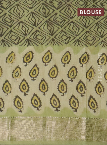 Semi chanderi saree pista green with allover vanaspati prints and zari woven border