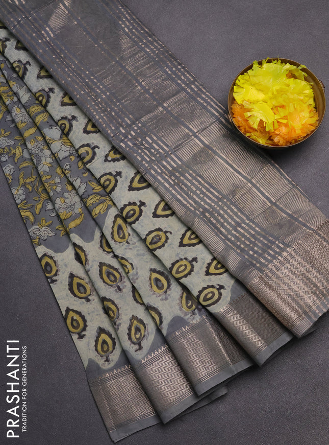 Semi chanderi saree grey with allover vanaspati prints and zari woven border