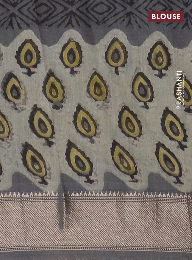 Semi chanderi saree grey with allover vanaspati prints and zari woven border