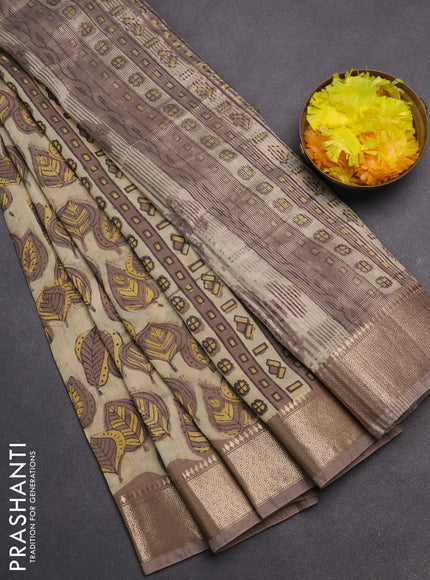 Semi chanderi saree beige and pastel brown shade with allover vanaspathi prints and zari woven border