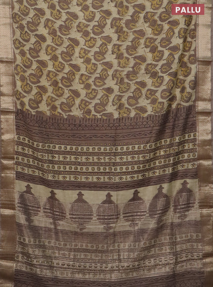 Semi chanderi saree beige and pastel brown shade with allover vanaspathi prints and zari woven border