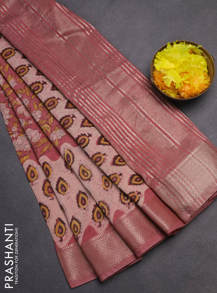 Semi chanderi saree pastel maroon and beige with allover vanaspati prints and zari woven border