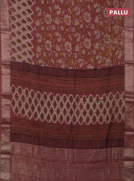 Semi chanderi saree pastel maroon and beige with allover vanaspati prints and zari woven border