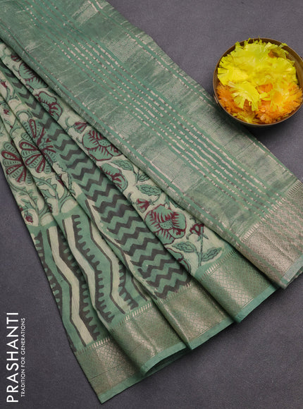 Semi chanderi saree pista green and teal green shade with allover vanaspathi prints and zari woven border