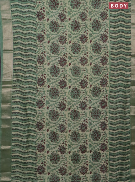 Semi chanderi saree pista green and teal green shade with allover vanaspathi prints and zari woven border