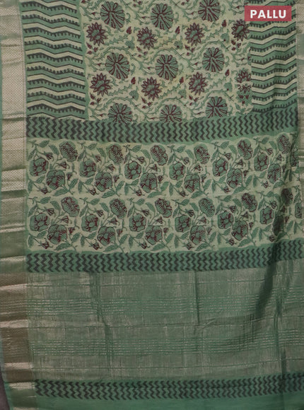 Semi chanderi saree pista green and teal green shade with allover vanaspathi prints and zari woven border