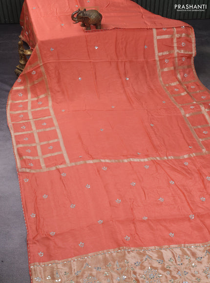 Satin crepe saree peach orange with embroidery work buttas and gottapatti work pallu