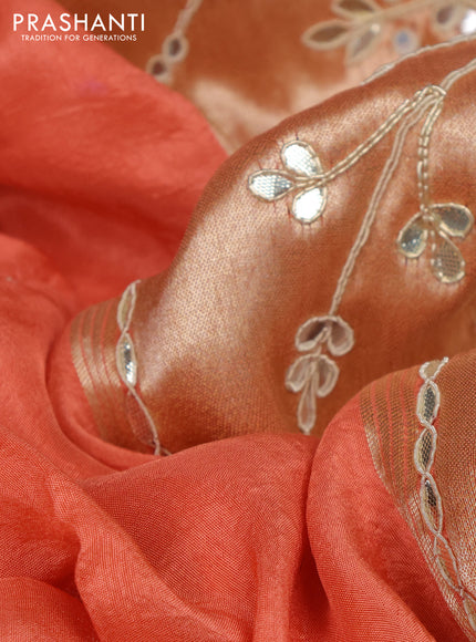 Satin crepe saree peach orange with embroidery work buttas and gottapatti work pallu