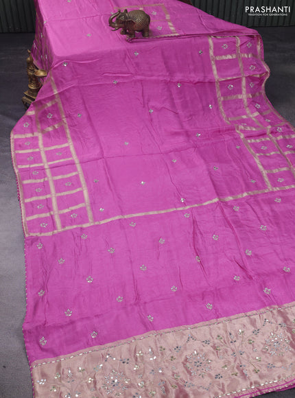 Satin crepe saree lotus pink with embroidery work buttas and gottapatti work pallu