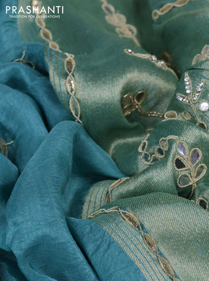 Satin crepe saree teal blue shade with embroidery work buttas and gottapatti work pallu