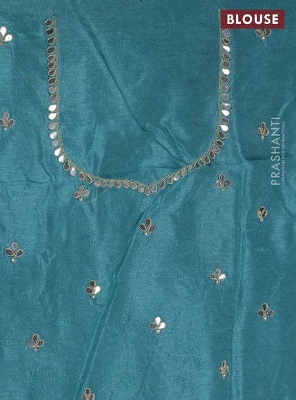 Satin crepe saree teal blue shade with embroidery work buttas and gottapatti work pallu