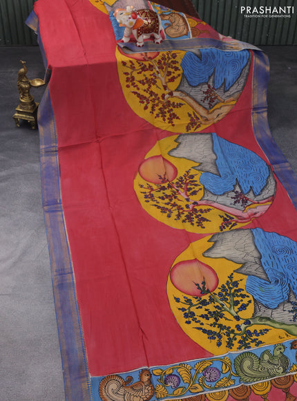 Pen kalamkari dupatta red shade and cs blue with allover kalamkari prints and zari woven border