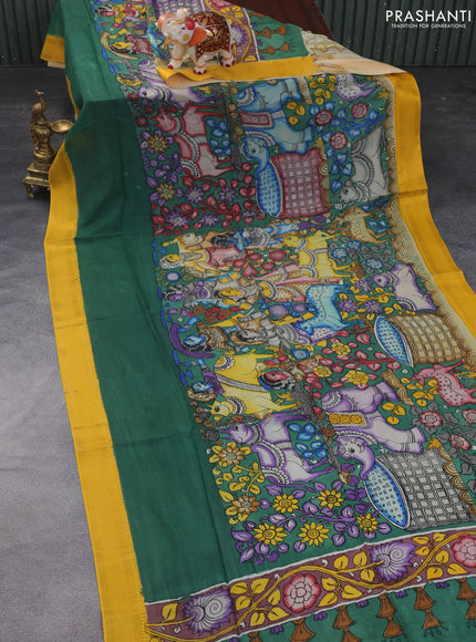 Pen kalamkari dupatta green and mustard yellow with allover kalamkari prints and zari woven border