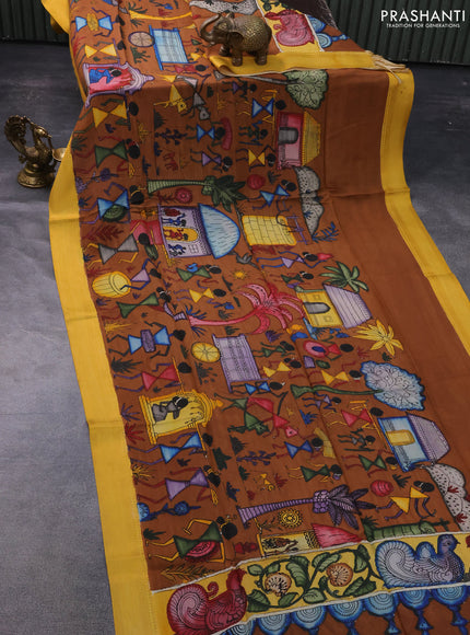 Pen kalamkari dupatta brown and mustard yellow with allover kalamkari prints and zari woven border