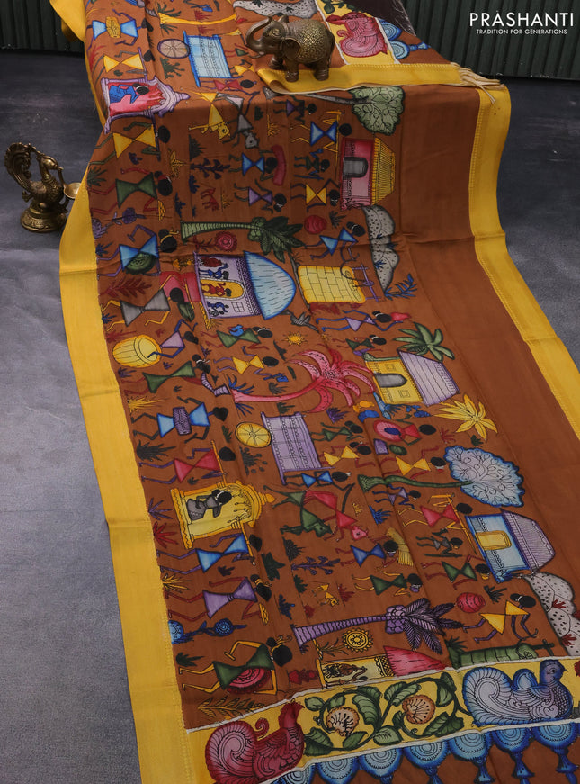 Pen kalamkari dupatta brown and mustard yellow with allover kalamkari prints and zari woven border