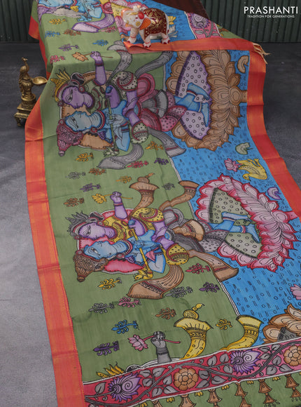 Pen kalamkari dupatta green blue and tomato red with allover kalamkari prints and zari woven border