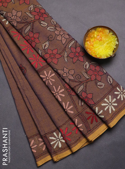 Pure cotton saree dual shade of daerk mustard and mustard yellow with embroidery work buttas and kantha stitch work pallu