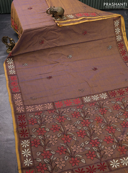 Pure cotton saree dual shade of daerk mustard and mustard yellow with embroidery work buttas and kantha stitch work pallu