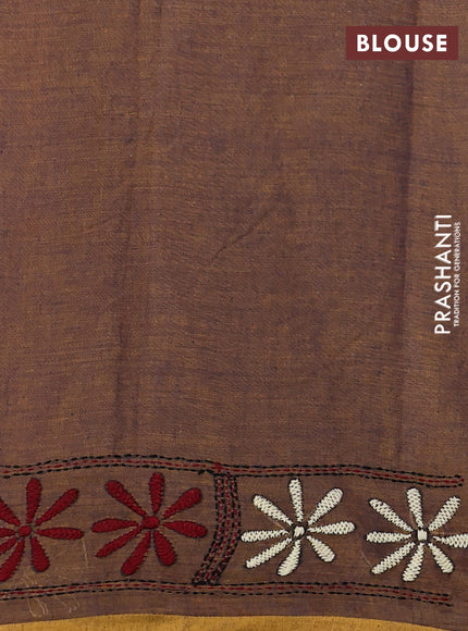 Pure cotton saree dual shade of daerk mustard and mustard yellow with embroidery work buttas and kantha stitch work pallu