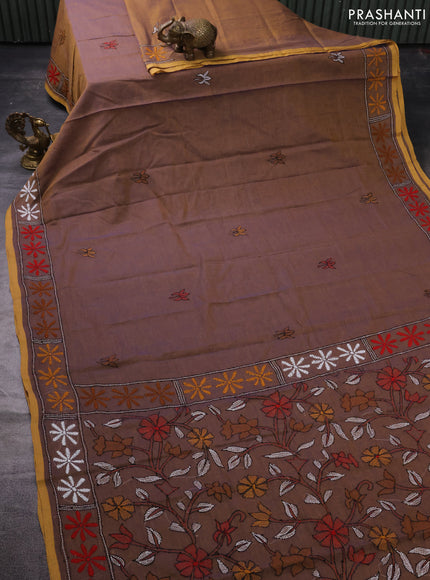 Pure cotton saree dual shade of bluish mustard with embroidery work buttas and kantha stitch work pallu