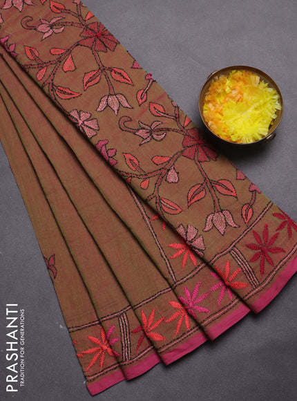 Pure cotton saree dual shade of green and pink with embroidery work buttas and kantha stitch work pallu