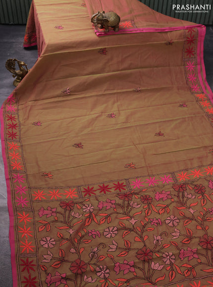 Pure cotton saree dual shade of green and pink with embroidery work buttas and kantha stitch work pallu