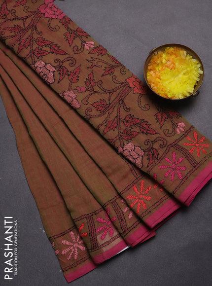 Pure cotton saree dual shade of green and pink with embroidery work buttas and kantha stitch work pallu
