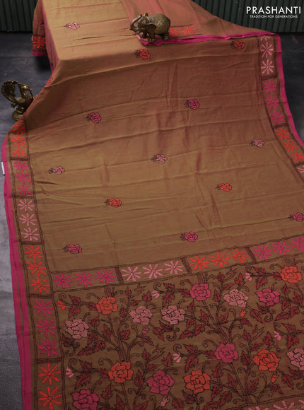 Pure cotton saree dual shade of green and pink with embroidery work buttas and kantha stitch work pallu