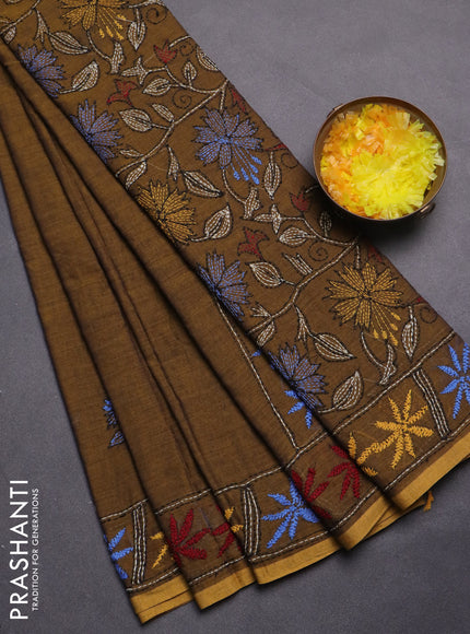 Pure cotton saree dark mustard with embroidery work buttas and kantha stitch work pallu