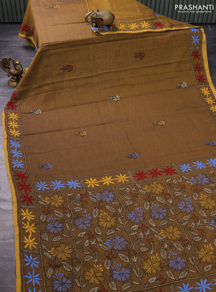 Pure cotton saree dark mustard with embroidery work buttas and kantha stitch work pallu