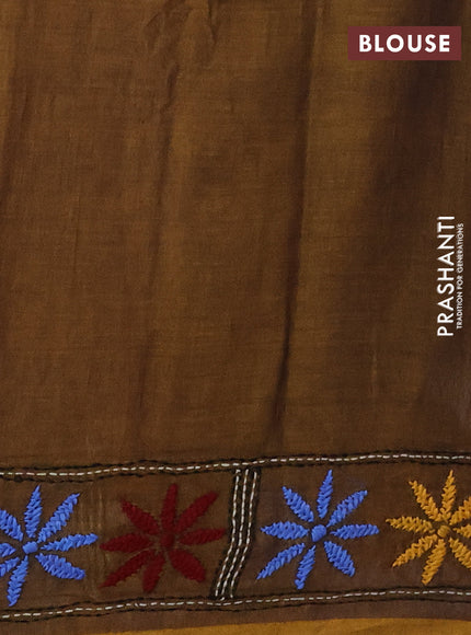 Pure cotton saree dark mustard with embroidery work buttas and kantha stitch work pallu