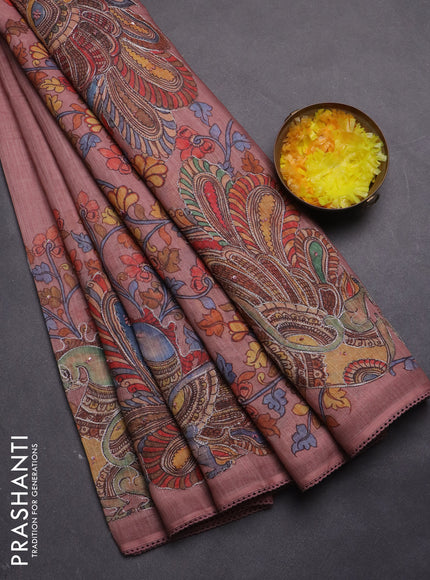 Linen cotton saree pastel peach with plain body and kalamkari prints & pita border