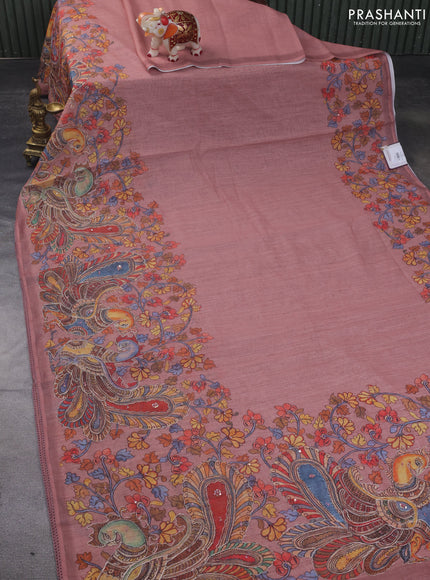 Linen cotton saree pastel peach with plain body and kalamkari prints & pita border