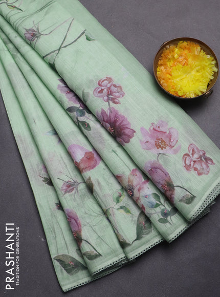 Linen cotton saree pastel green with plain body and floral prints & french knot work
