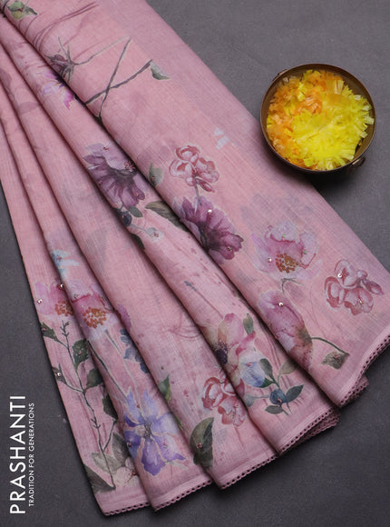 Linen cotton saree pastel pink with plain body and floral prints & french knot work