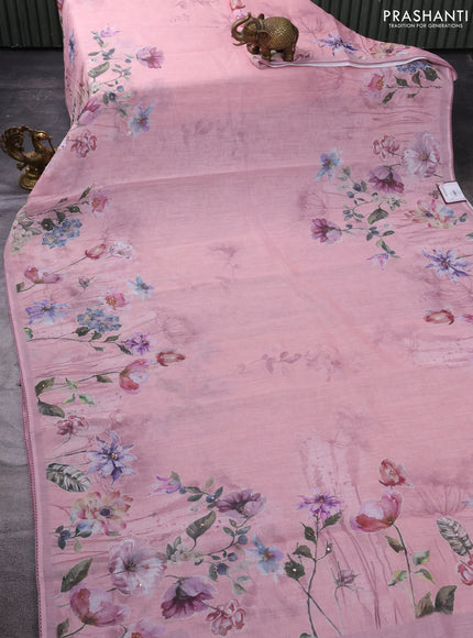 Linen cotton saree pastel pink with plain body and floral prints & french knot work