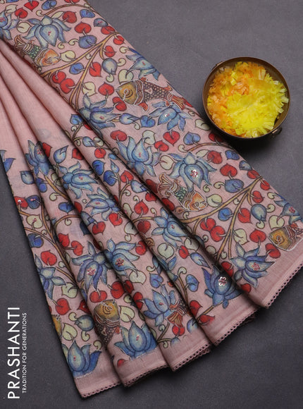 Linen cotton saree mild peach shade with plain body and kalamkari prints & pita border