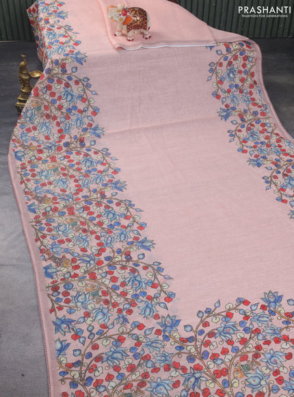 Linen cotton saree mild peach shade with plain body and kalamkari prints & pita border