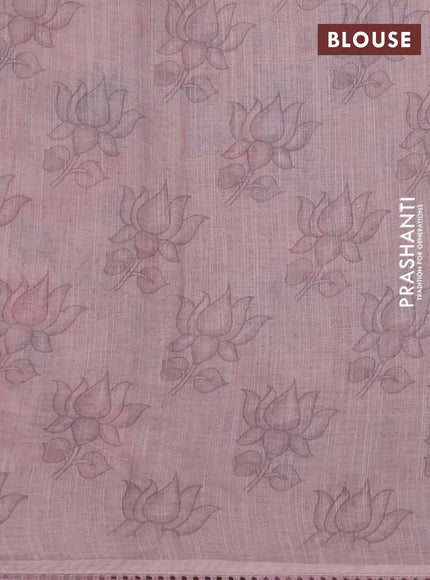 Linen cotton saree mild peach shade with plain body and kalamkari prints & pita border