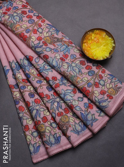 Linen cotton saree pastel pink with plain body and kalamkari prints & pita border