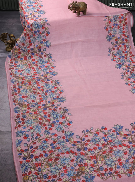 Linen cotton saree pastel pink with plain body and kalamkari prints & pita border