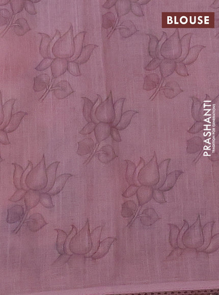 Linen cotton saree pastel pink with plain body and kalamkari prints & pita border