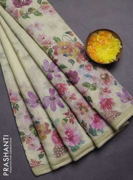 Linen cotton saree pale yellow and elaichi green with floral digital prints with floral digital prints & sequin work